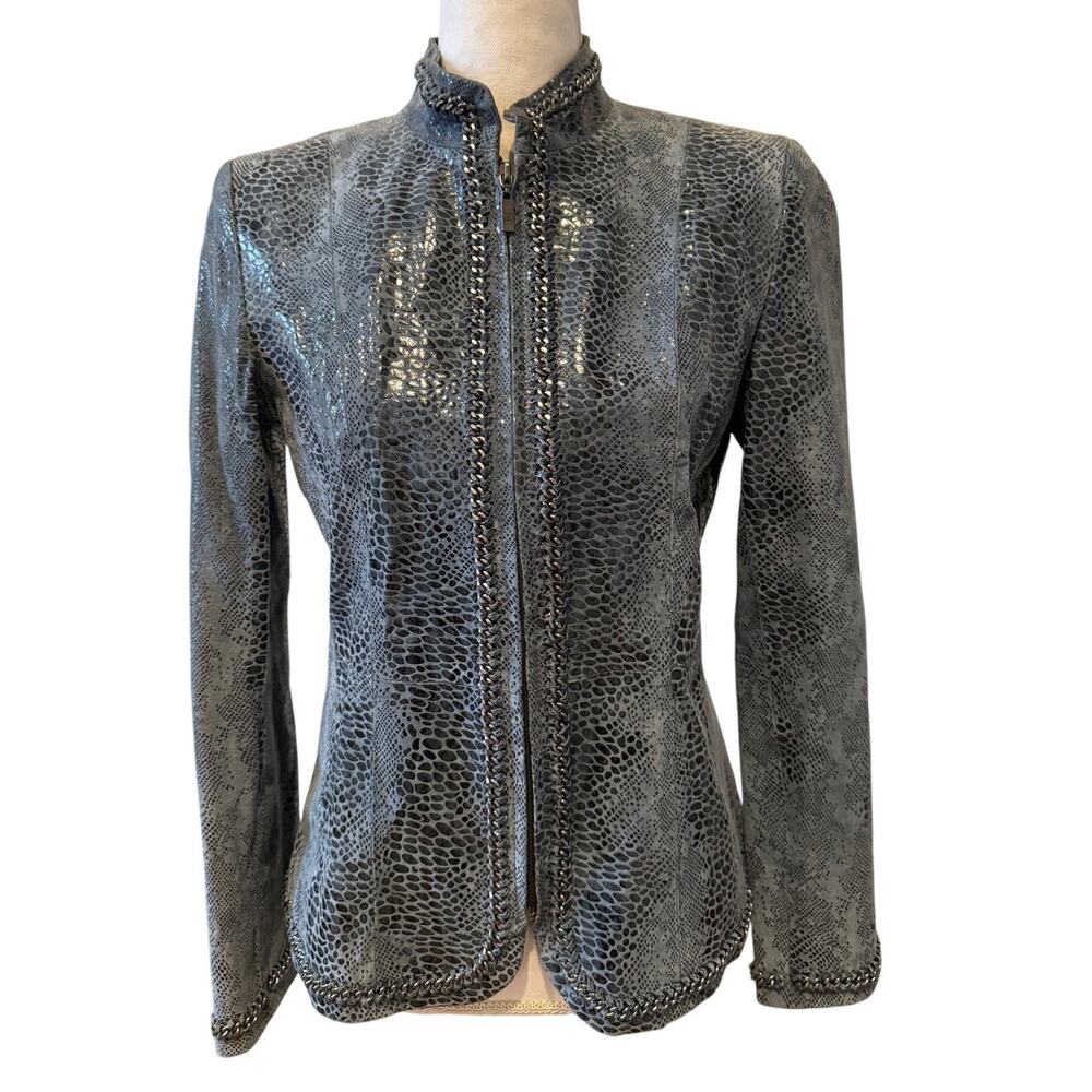 Pamela McCoy Leather Moto Jacket Slate Blue Snake Print XS